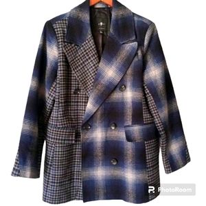 7 For All Mankind Navy Mix Plaid Patchwork Wool Blend Double Breasted Blazer M